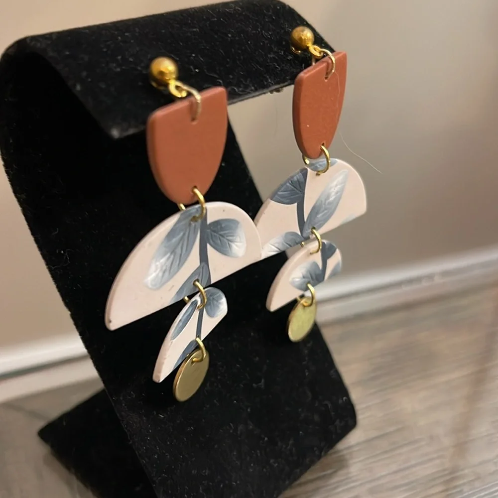 Boutique Style Polymer Clay Geometric Leaf Drop Earrings